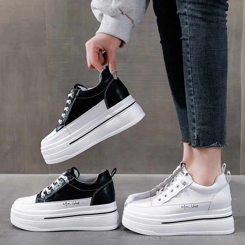 2023 New Fashion 7cm New Genuine Leather Women Sneakers Chunky Platform Wedge Breathable Summer Vulcanize Hidden Heels Shoes
