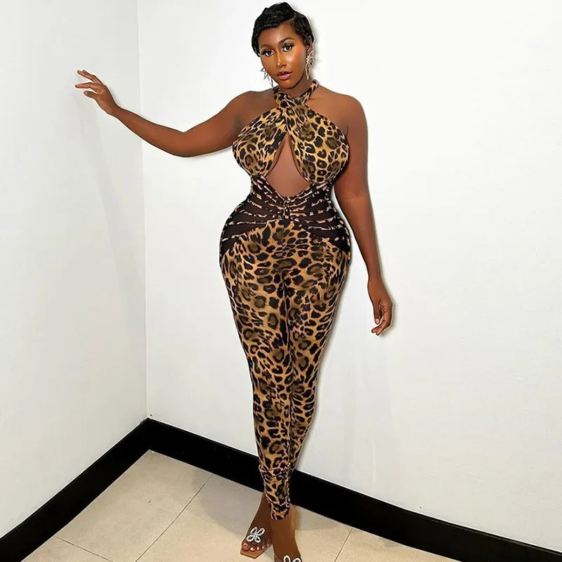 Бандажный облегающий комбинезон с леопардовым принтом и вырезами женский