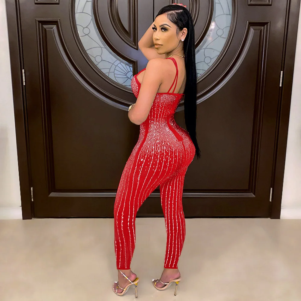 2022 Stylish Elegant Mesh Sheer Perm Diamond Sleeveless Suspender Jumpsuit Sexy Temperament Nightclub Party Women's Wear