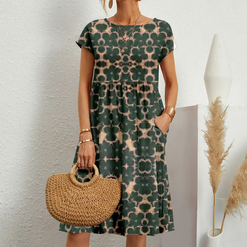 

Женское платье-пуловер с круглым вырезом и коротким рукавом