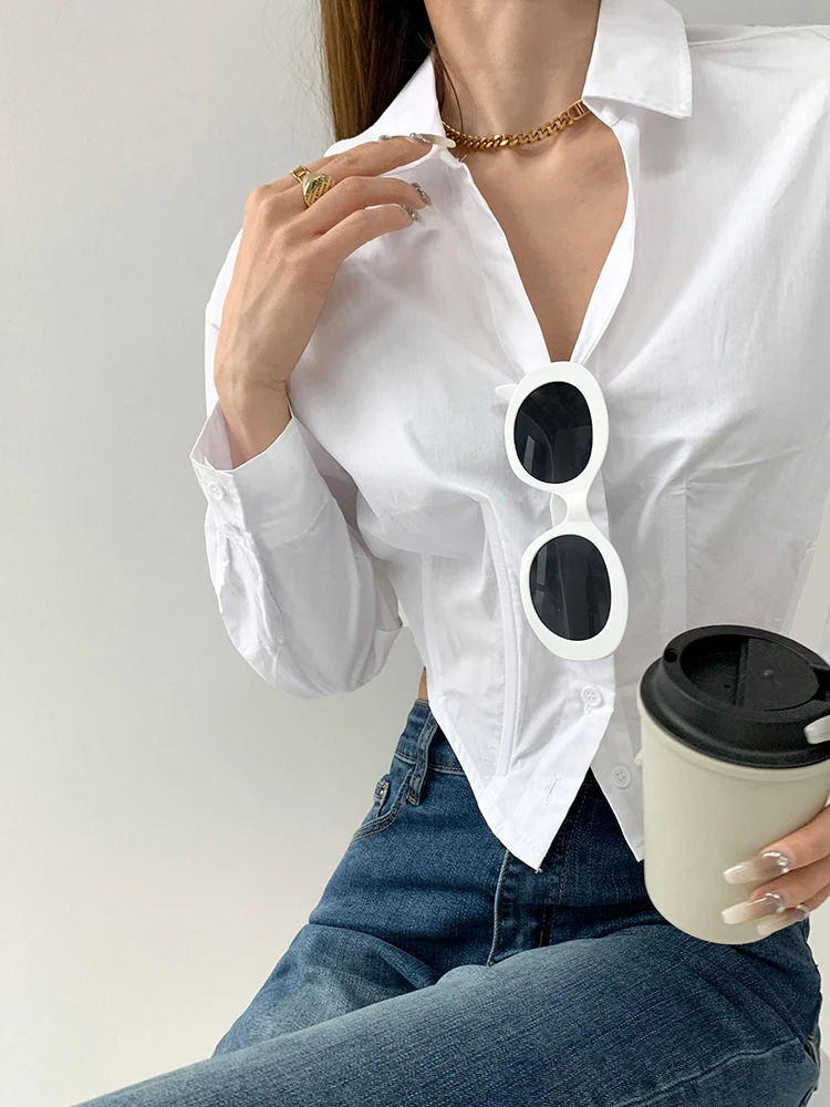

Irregular Clipping Women Crop Shirt 2023 Spring New Long Sleeve Blouses Lapel Loose Over-shirt Female Pleated Aesthetic Clubwear