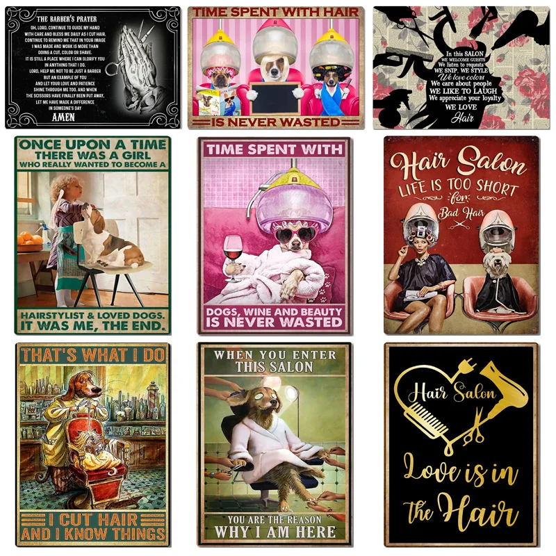 

Dogs Hairdresser Funny Tin Sign Wine Beauty Wall Art Gift Bath Wall Sign for Shops Beauty Salons Bathrooms Bars Poster 12X8Inch