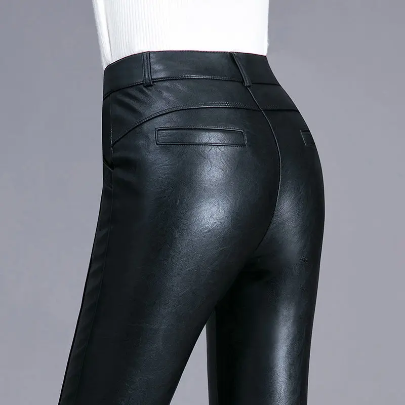 Women Pants Elastic High Waist Genuine Real Leather Pants Female Fashion Harem Pants Ladies Pockets Mujer Streetwear Pants G254