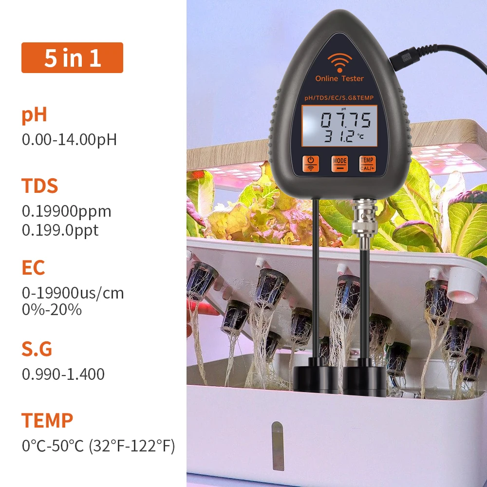 

5-в-1 Тестер Качества Воды Bluetooth WiFi PH TDS TEMP EC SG Монитор Анализатор Солености С ЖК-дисплеем Для Аквариума С Питьев...