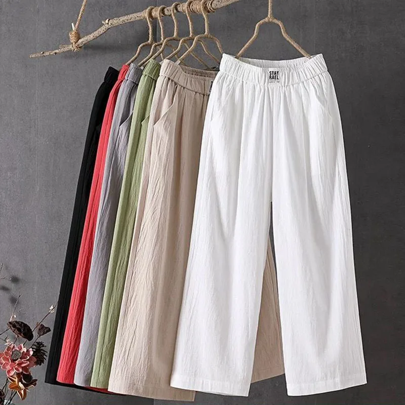 Summer Ladies Elastic Waist Pants Women's Casual Solid Cotton Linen Ankle Length Pants 2023 Female High Quality Loose Trousers