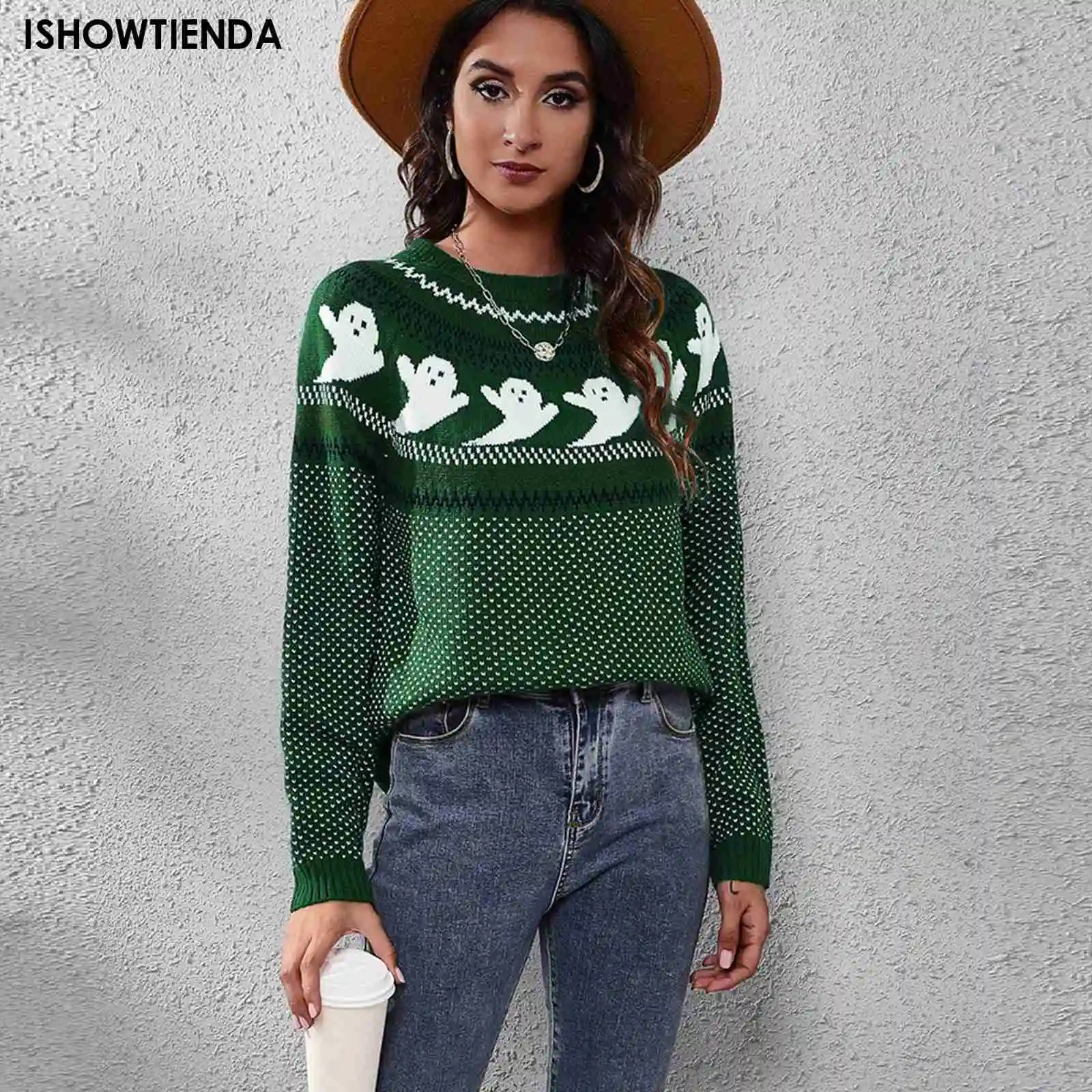 

Halloween Ghost Vintage Ladies Sweater Polka Dot Long Sleeve Knitted Pullover Winter Sweater Woman Design Pullovers Knitwears
