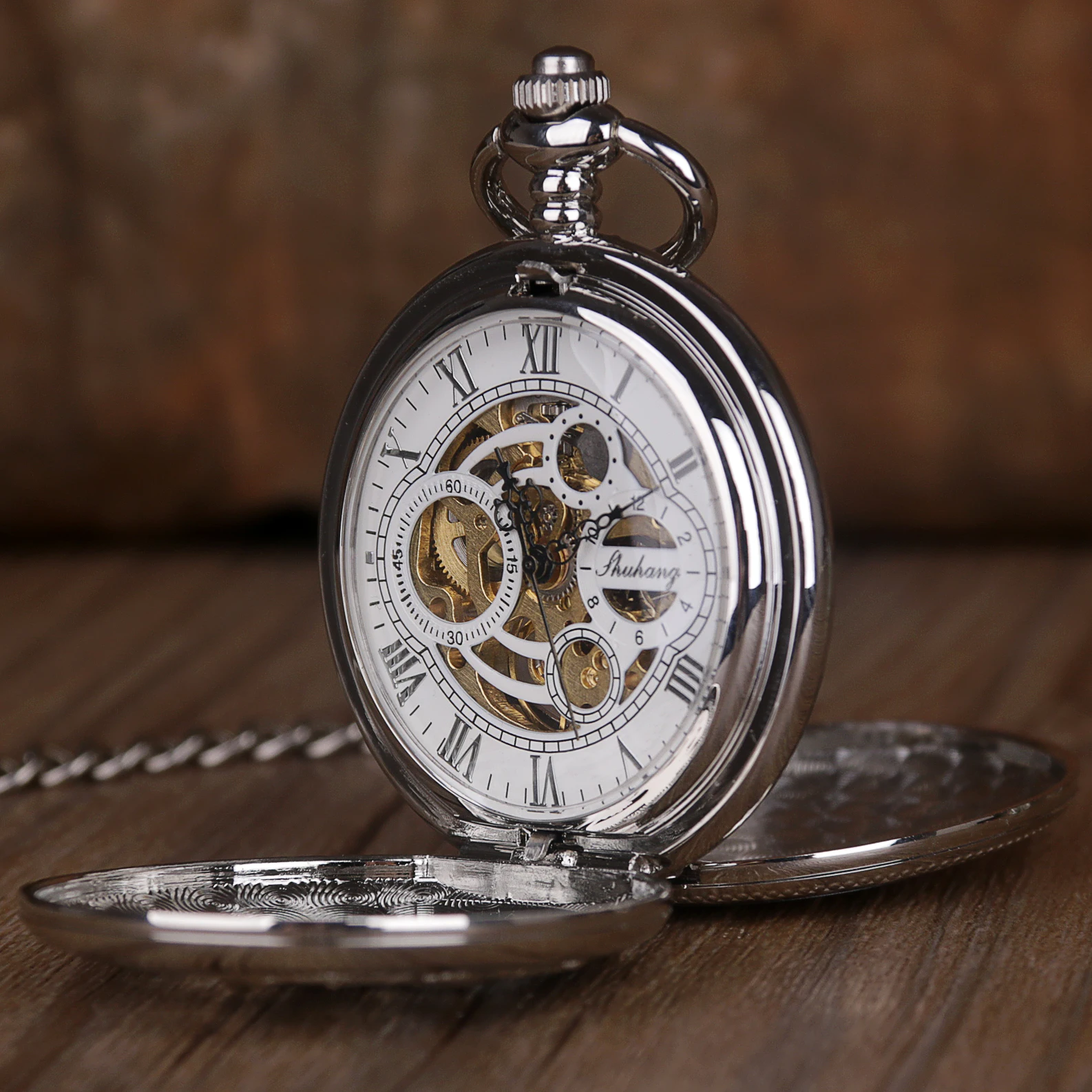 Double Open Crane Engraving Vintage Mechanical Pocket Watch Roman Numerals with Chain Pendant Men's Women's Gift