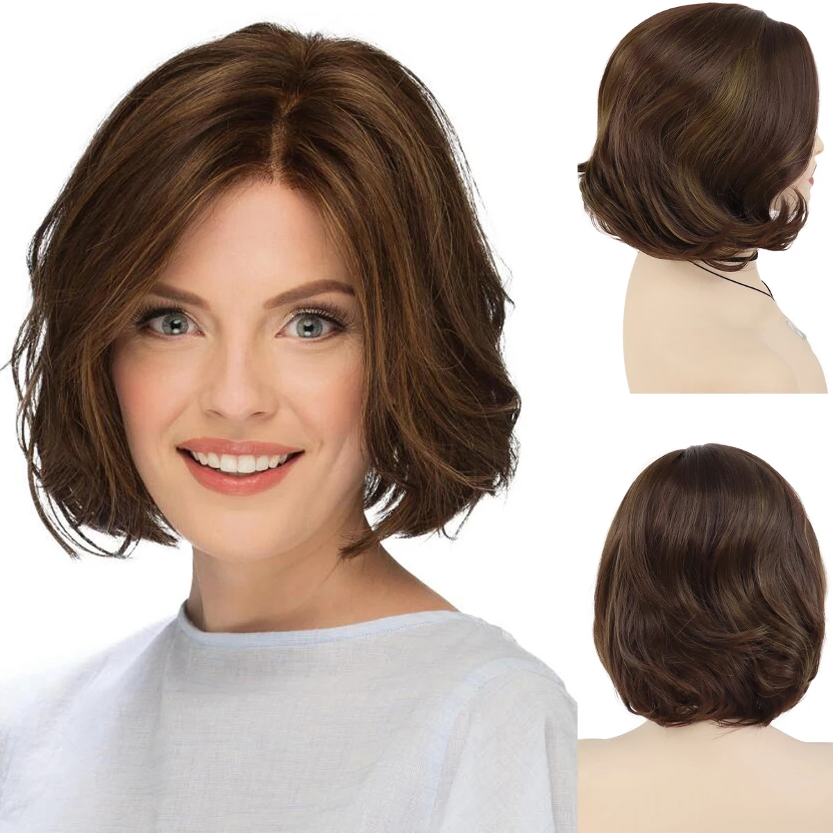 

GNIMEGIL Women Short Wigs Brown Synthetic Hair Natural Hairstyle Curly Wigs Bob Mommy Wig High Quality Highlight Wigs with Bangs
