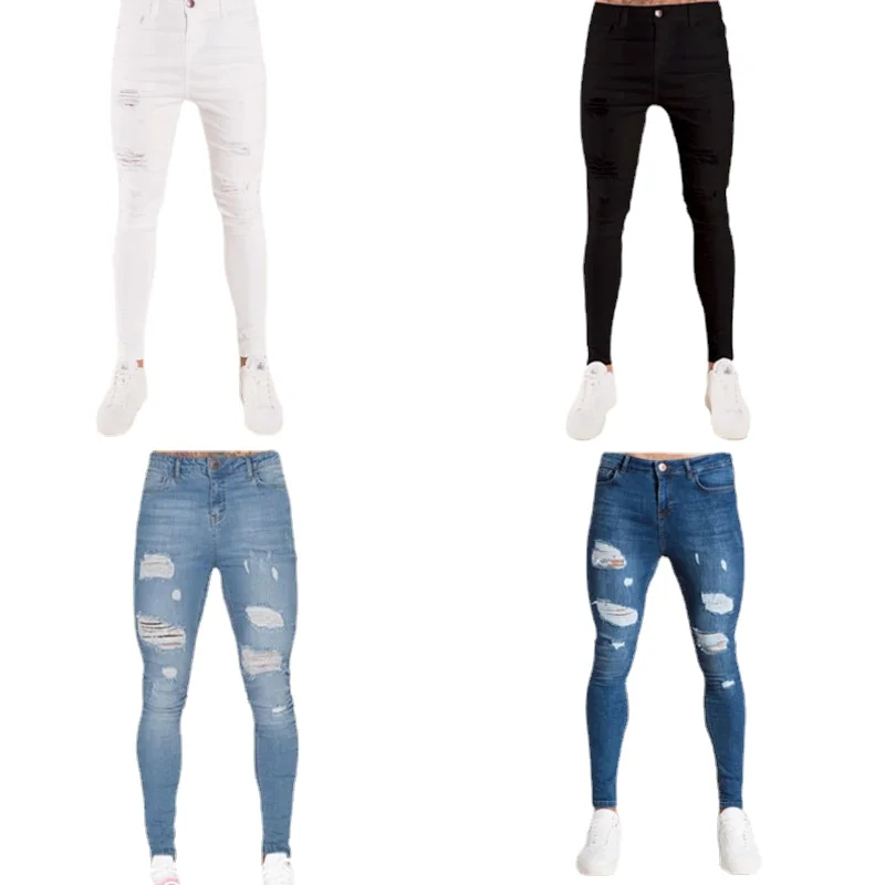 Y2k Four Seasons New Men's Solid Color Ripped Jeans High Waist Slim Jeans Skinny Jeans Small Foot Pencil Pants Sports Style
