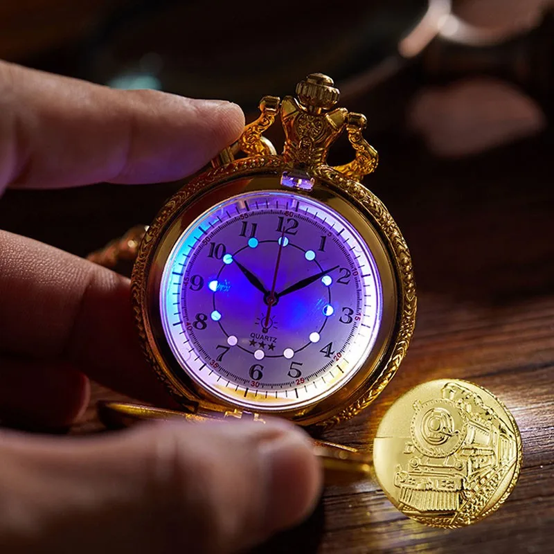 Luminous Flip Style Retro Locomotive Digital Literal Pocket Watch For The Elderly, Friends, And Loved Ones