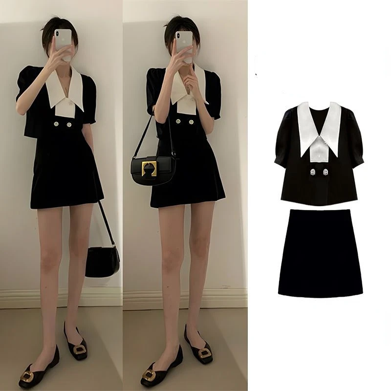

Dresses for Woman 2023 Two Piece Set Black Tops with Skirts A-line Short Dress Y2k Sexy Korean Fashion