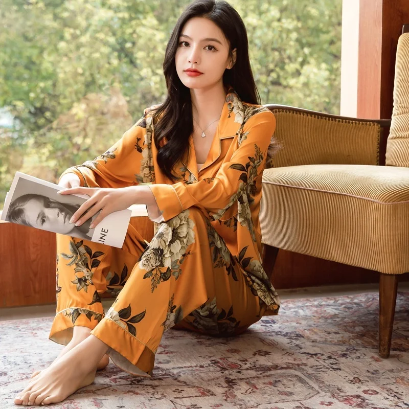 Lisacmvpnel Women's Spring New Pajama Set Ice Silk Loose Home Suit Print Fashiong Sleepwear