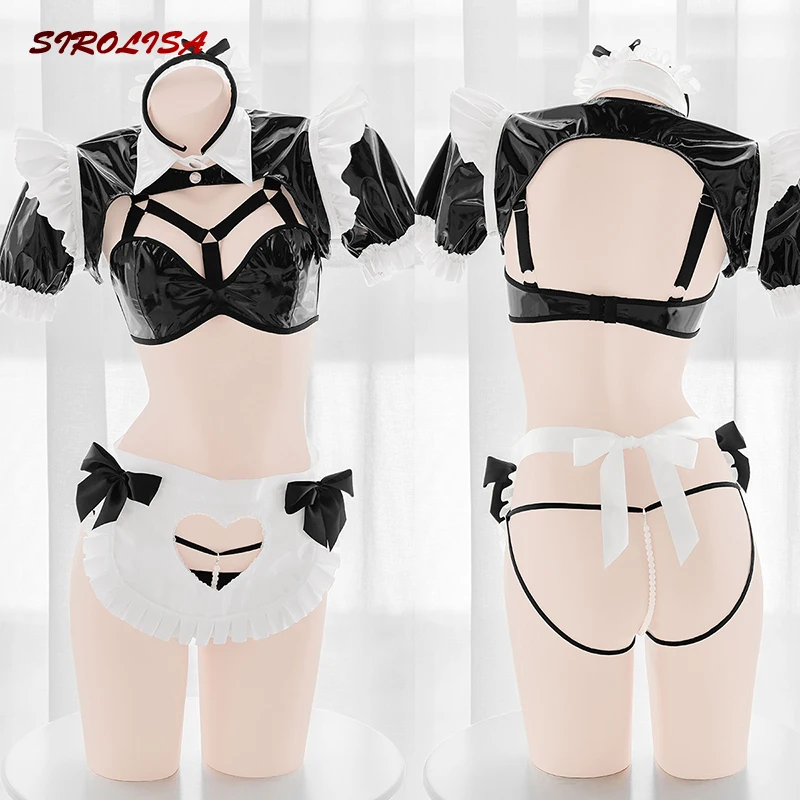 

Patent Leather Maid Bikini Outfit Backless Women Hollow Bandage Gothic Cosplay Costumes Ruffles Lace Sexy Lingerie Perspective