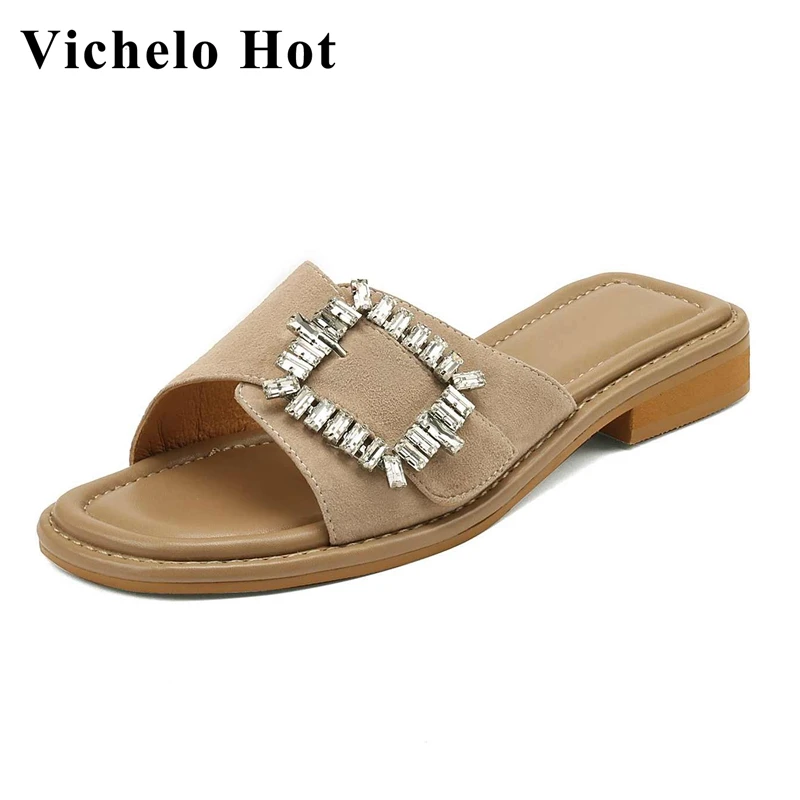 

Vichelo Hot Big Size Sheep Suede Peep Toe Low Heel Rhinestone French Elegant Beauty Lady Streetwear Women Outside Slippers L49