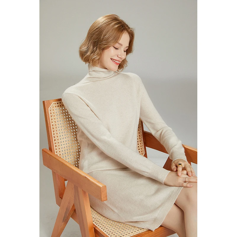 Hot Sale Women Dresses 100% Cashmere Sweaters Winter Turtleneck Long Style Pullovers Female Pashmina Knitwears