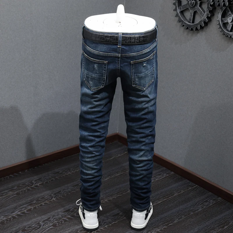 High Street Fashion Men Jeans Retro Dark Blue Elastic Stretch Skinny Fit Ripped Jeans Men Brand Designer Hip Hop Pants Hombre