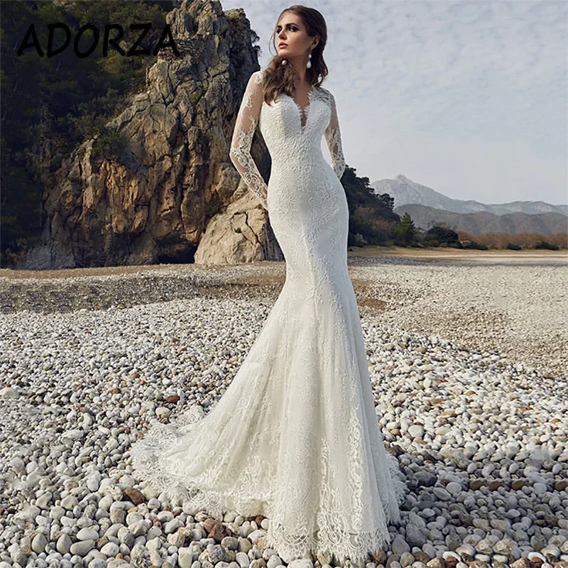 

ADORZA Wedding Dress Lace Appliques Mermaid Bridal Gown Illusion V-neck Long Sleeves Court Train Vestido De Noiva for Bride