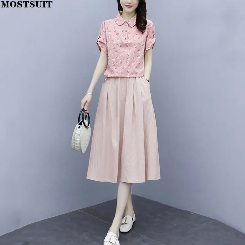 

2022 Summer Linen 2 Piece Skirt Set Women Short Sleeve Printed Shirt + High Waist A-line Skirt Vintage Casual Korean Fashion Set