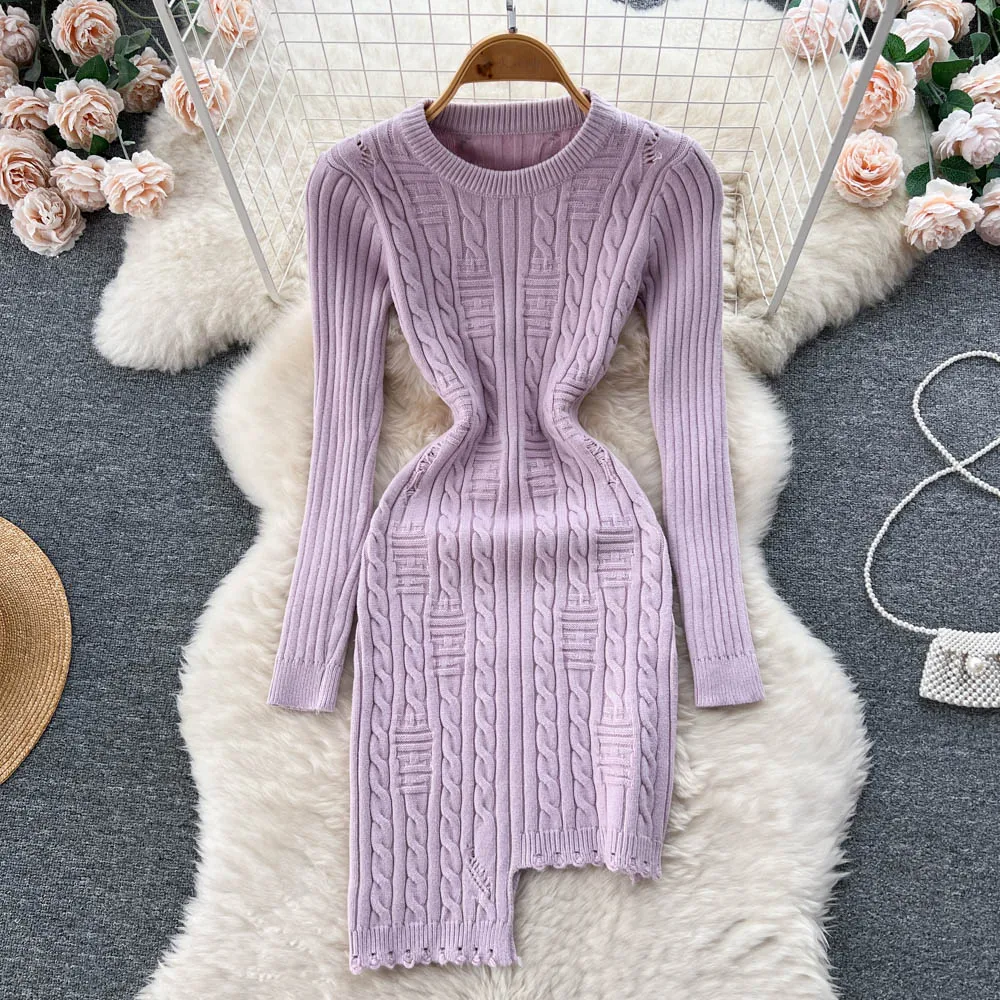 

Sexy Club Slim A Line Bodycon Knitted Rib Dress Autumn Women's Irregular Slim Hip Short Irregular Dresses Streetwear robe