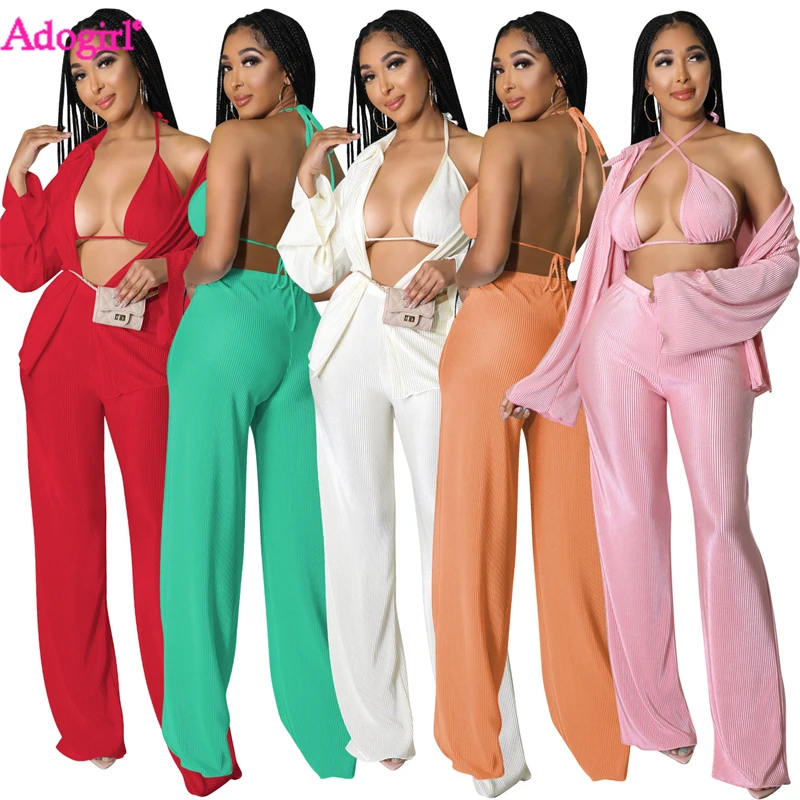 Adogirl Solid Pleated 3 Piece Set Women Sexy Lace Up Bra Long Sleeve Shirt Cardigan Top High Waist Wide Leg Pants Autumn Suits