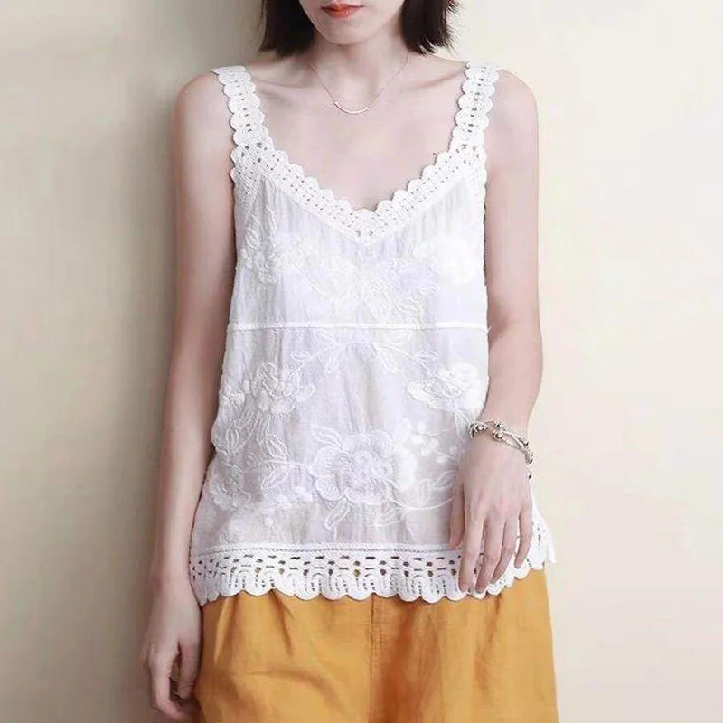 

Elegant Solid Color Hollow Out Ruffles T-Shirt Female Clothing 2023 Summer New Casual Pullovers Sleeveless Office Lady Tee Shirt