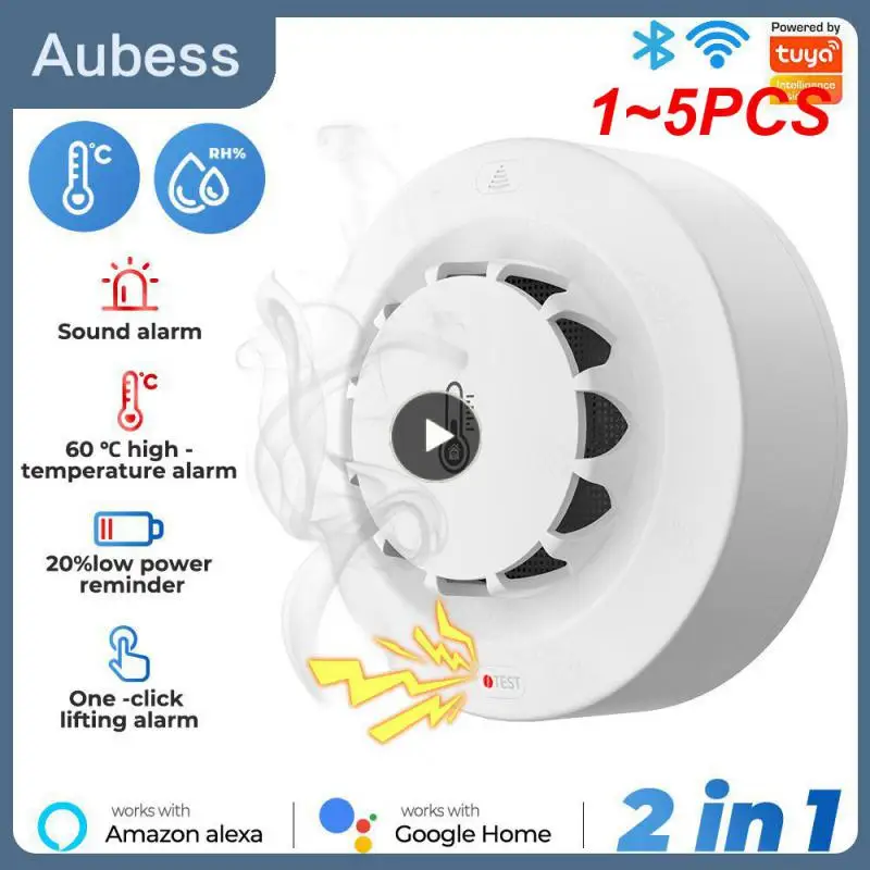 

1~5PCS 120ma Tuya Wifi Smoke Detector 2 In 1 Voice Control Temperature And Humidity Sensor Smoke Detector Thermohygrometer