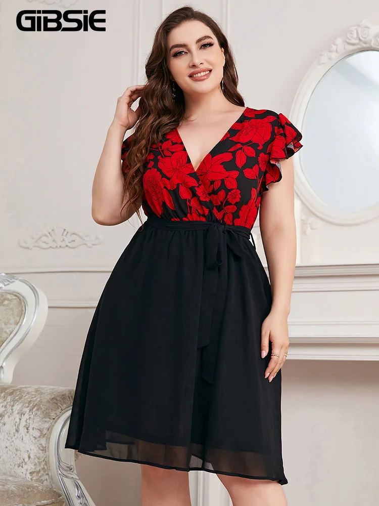 

Женское шифоновое платье-трапеция GIBSIE, летнее платье с глубоким V-образным вырезом, цветочным принтом и поясом, размеры 3XL, 4XL, 2022