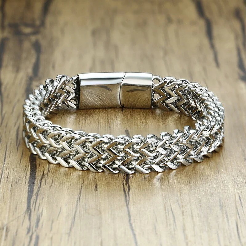 

12mm Stainless Steel Men's Silver Color One Chain Double Rows Wristband Magnetic Clasp Bracelet