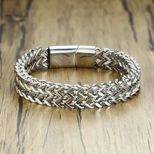 12mm Stainless Steel Men's Silver Color One Chain Double Rows Wristband Magnetic Clasp Bracelet
