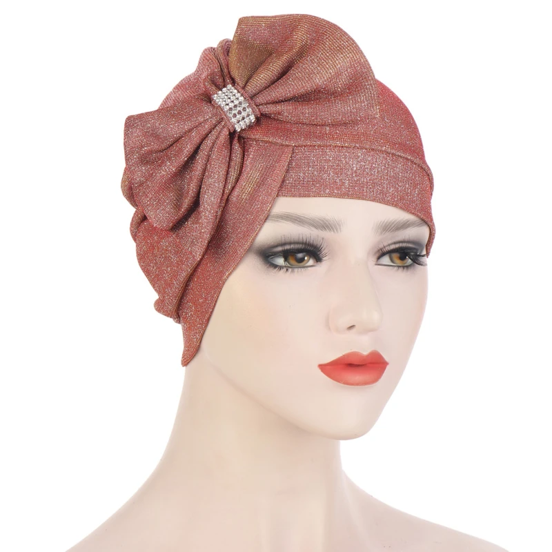 

2022 New Multicolor Glitter Bowknot Fashion Turban Hat Cross Forehead Big Bow Diamond-Studded Turbans for Women Headwrap Muslim