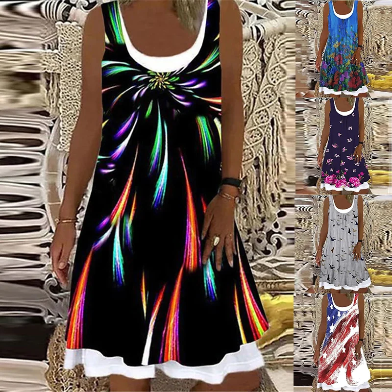 

Women's Geometric Floral Print Fashion Knee-Length Skirt 3D Print Dress 2022 Spring/Summer Casual Sleeveless Ladies A-Line Skirt