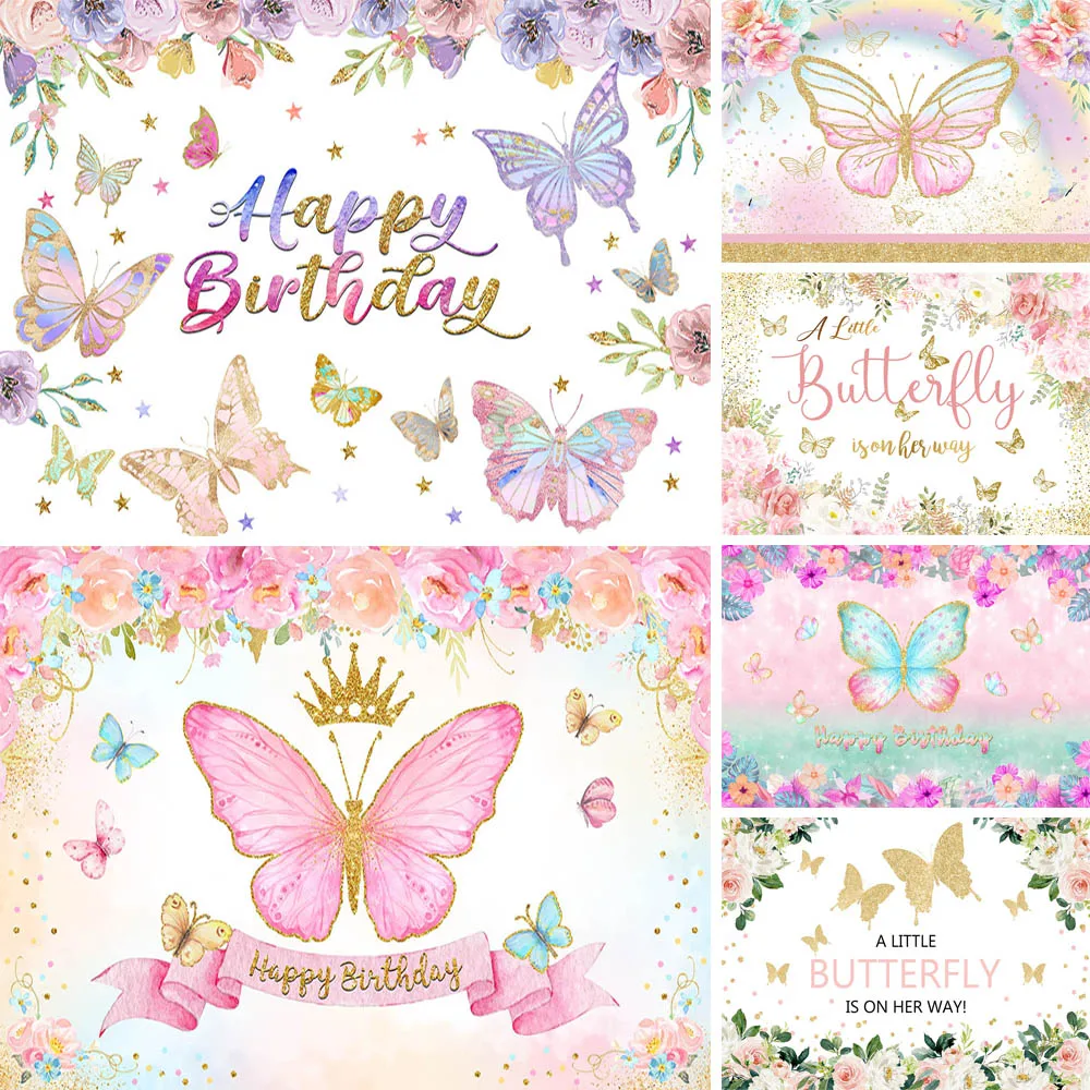 

Color Butterfly Girl Custom Birthday Party Backdrops Gold Glitter Stars Watercolor Flowers Dessert Table Decorations Props