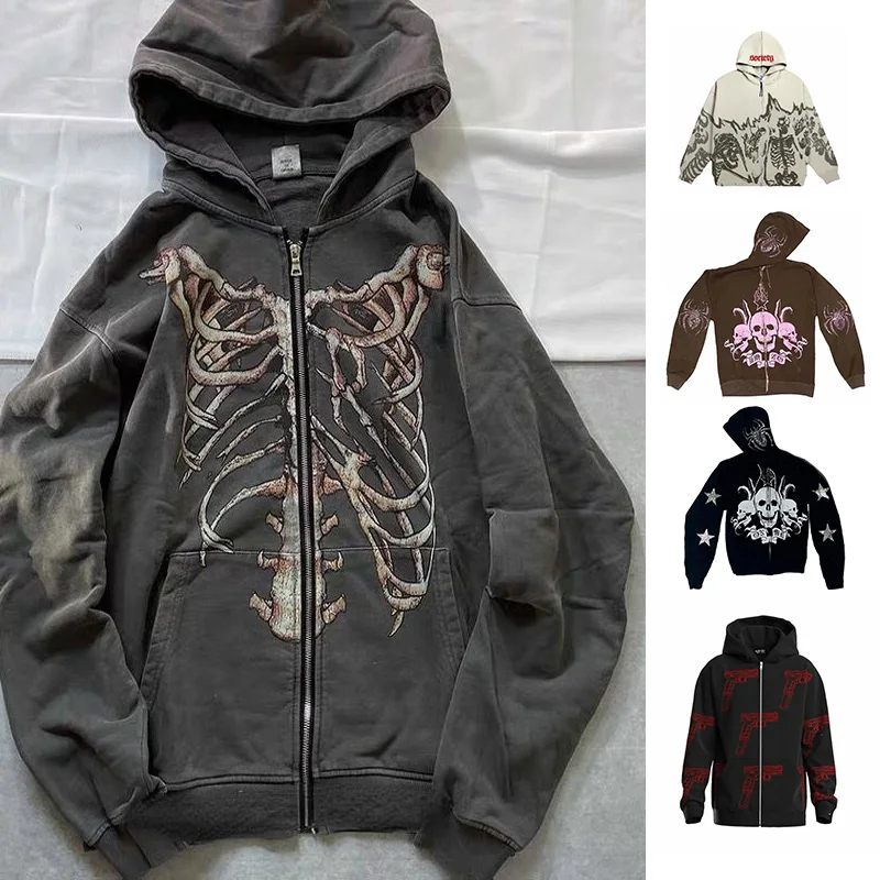 

Diamond Rhinestone Y2k Hoodies Women Men Zipper Streetwear Rib Long Sleeve Bone Cotton Hoodie Pocket Graffiti Retro Streetwear