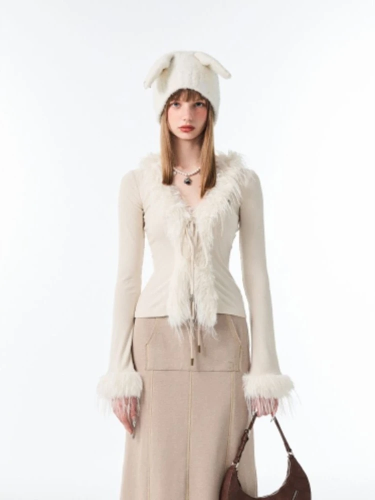 Элегантный винтажный Пушистый Плюшевый кардиган с V-образным вырезом на шнуровке