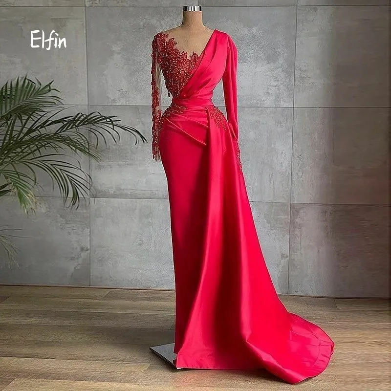 

Женское вечернее платье с длинным рукавом Elfin YF062, облегающее вечернее платье с О-образным вырезом, роскошное бальное платье ручной работы д...
