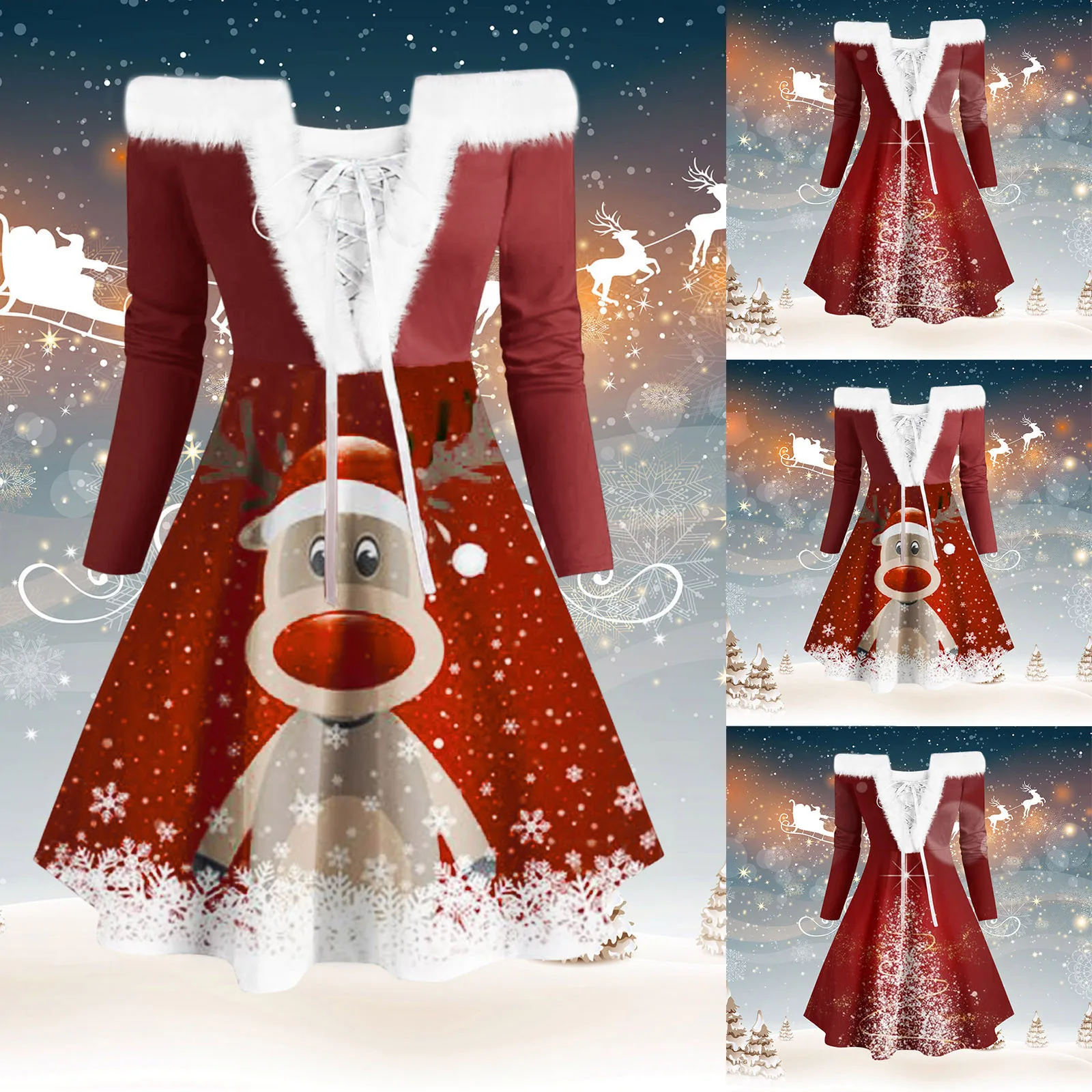 

Женское Повседневное платье с рождественским принтом, длинным рукавом, пушистым воротником, открытыми плечами и шнуровкой, милые платья дл...