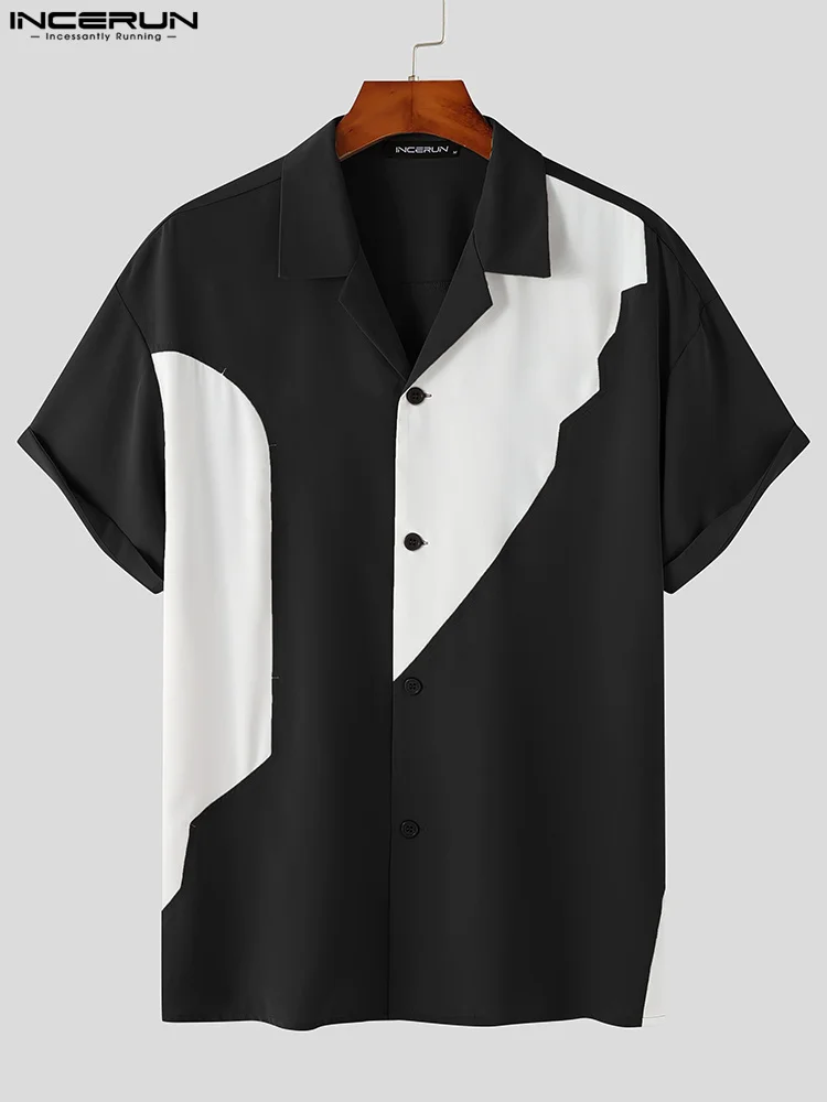 Fashion Casual Style Tops INCERUN Men Hot Sale Stitching Blouse Stylish Male Loose Comfortable Lapel Short-sleeved Shirts S-5XL