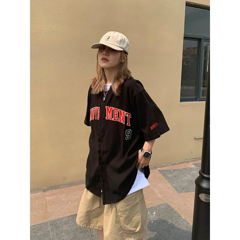 

Black Men's And Women's Baseball Shirt, Hippie Short Sleeve Shirt, Korean Style, Retro Hip-hop Style, Large Size,