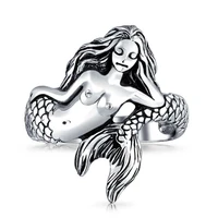 creative womens ladies ring simple retro ancient thai carved mermaid fish tail female ring temperament girl jewelry