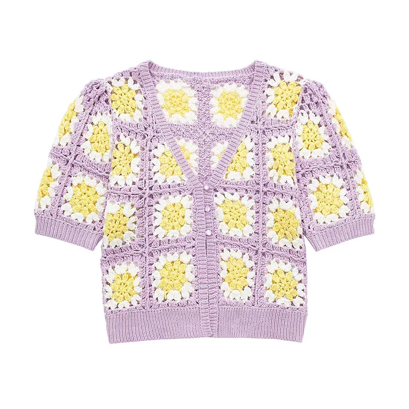 

ZATRHMBM Female Clothing New Fashion Vintage Cutout Crochet Coat Button V Neck Short Sleeve Jackets For Women 2022