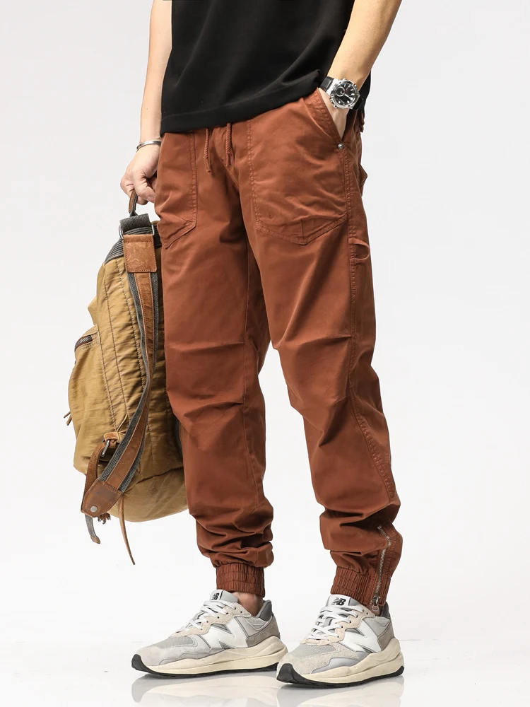 

2023 New Summer Cargo Pants Men Cotton Casual Slim Fit Joggers Fashion Drawstring Zip Leg Work Trousers Male Streetwear