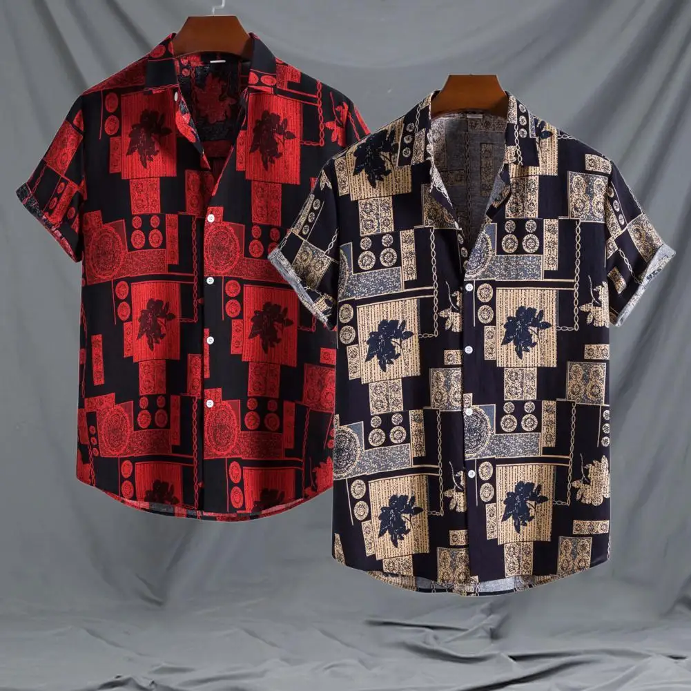 

Casual Shirt Lapel Quick Drying Geometric Print Short Sleeve Turn-down Collar Shirt Top Streetwear for Daily Life