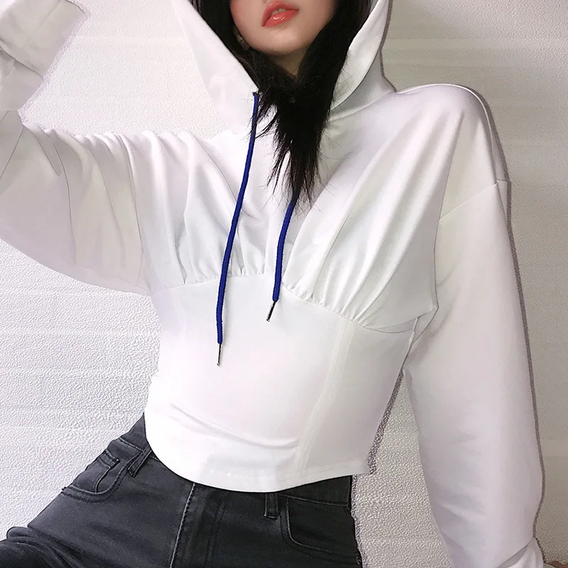 

2021 Fall Woman's Lace-up White Hoodies Drawstring Casual Pullover Solid Streetwear Women Long Sleeve Slinky Hoodie Tops New