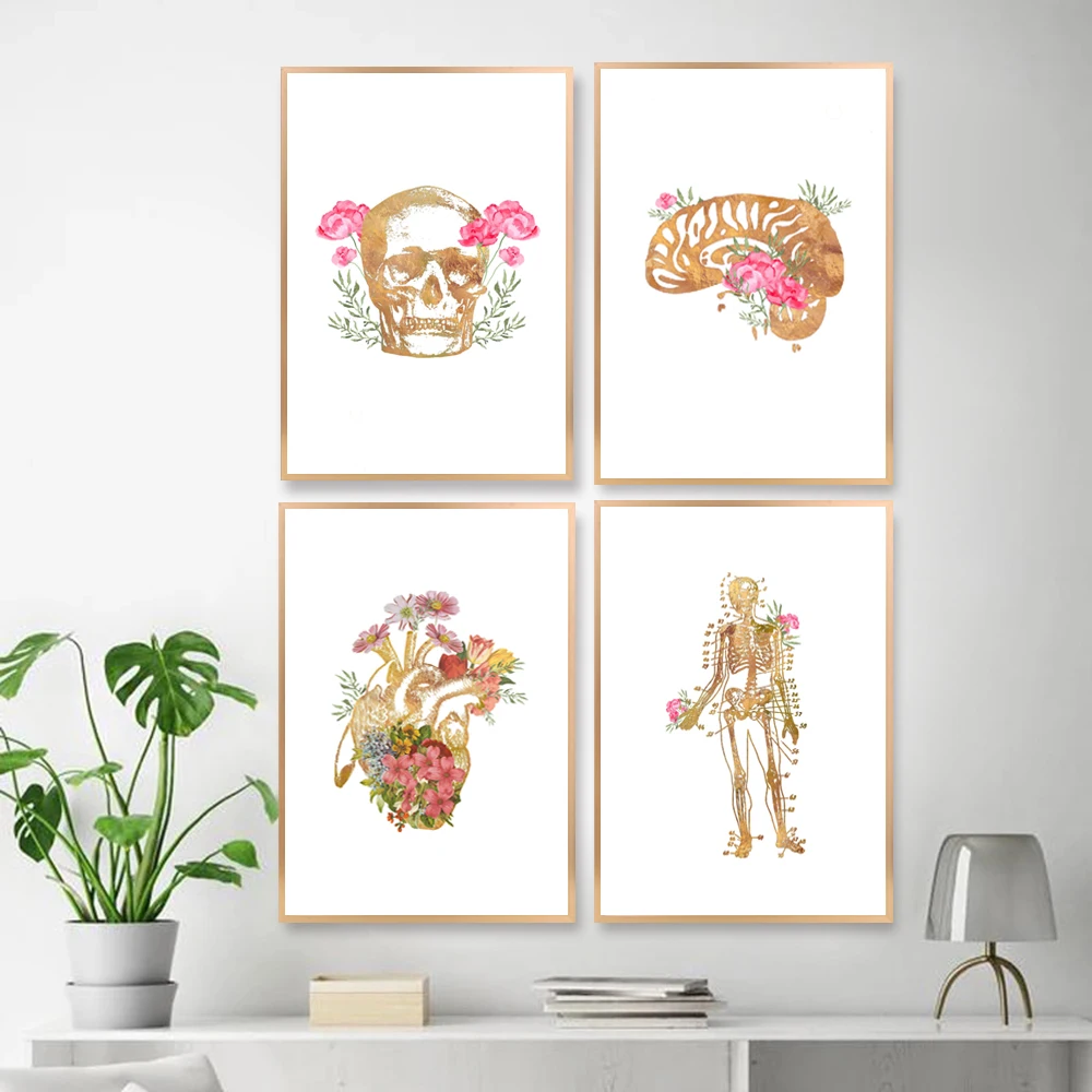 

Modern Nordic Medicine Human Skeleton And Limbs Structure Golden Wall Art Canvas Painting Posters For Hospital Home Decor