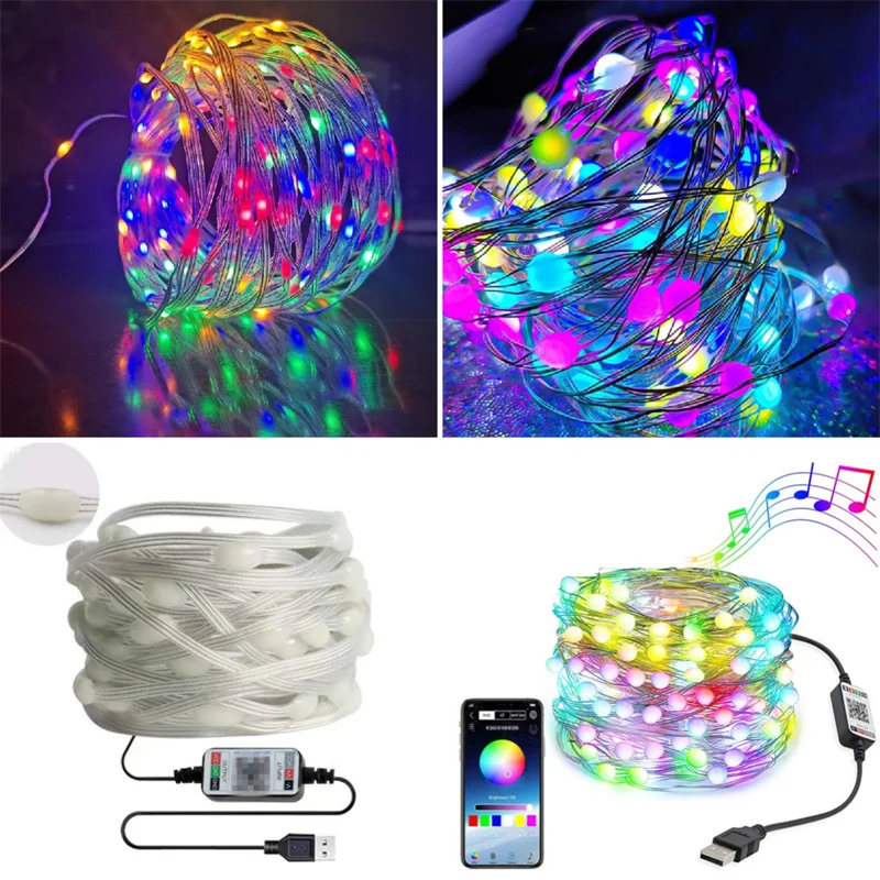 

2M/5M/10M/20M USB Smart Bluetooth Led Copper Wire String Light App Control Summer Party Decor Curtain Garden Fairy Light Garland