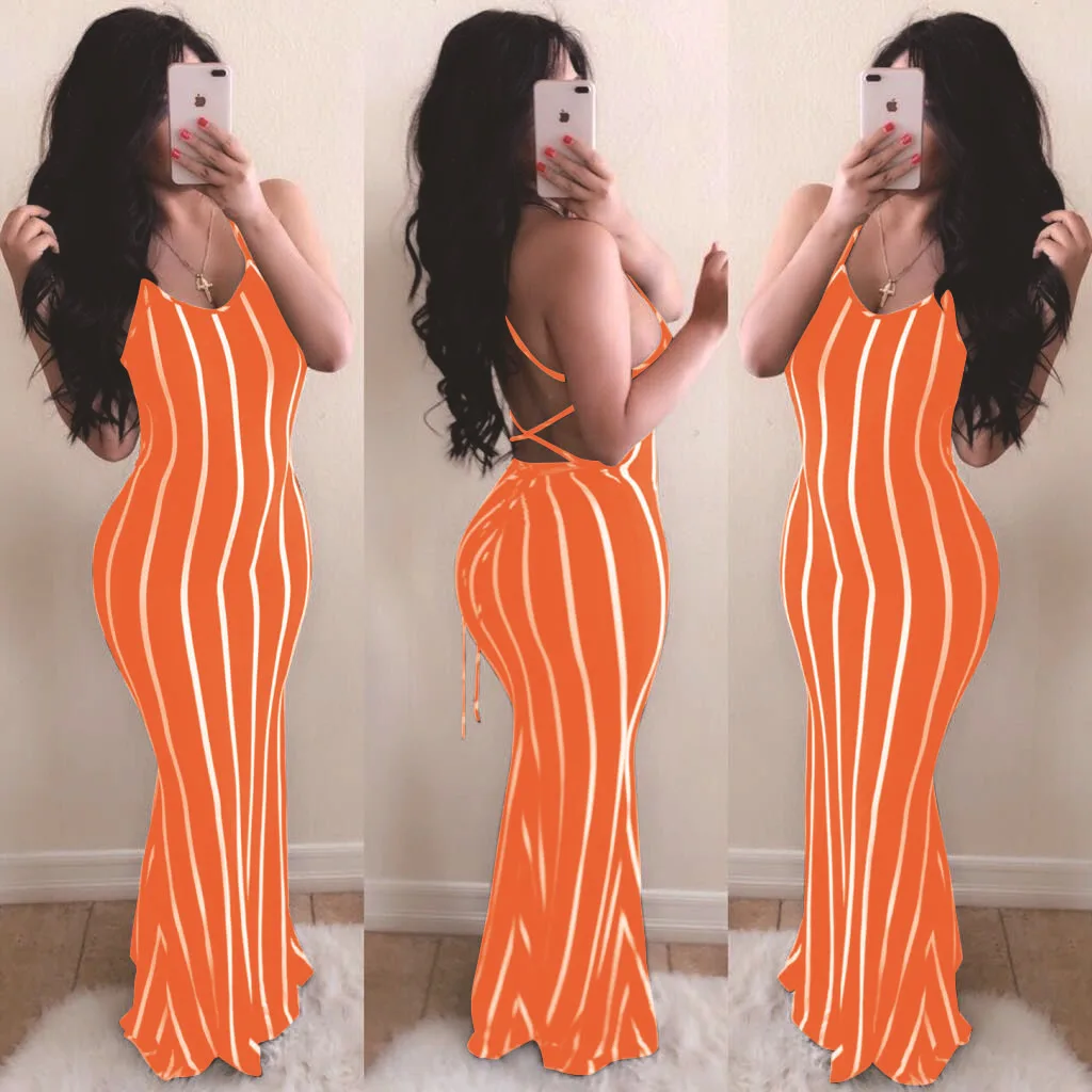 

Elegant Party Dresses for Women 2023 Sexy Lace Up Backless Bandeau Long Skirt Summer Female Stripes Suspenders Slim Maxi Dress