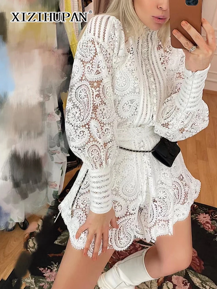 

XIZIHUPAN кружевные комплекты из двух предметов для женщин стоячий воротник пышные рукава однобортные однотонные рубашки свободные шорты женский комплект с вырезами