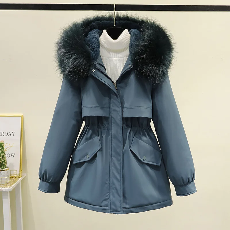 2022 Women Luxury Fur Hooded Coat Fashion Fur Lining Thick Winter Warm Parkas Female Casual Drawstring Collect Waist Overcoat