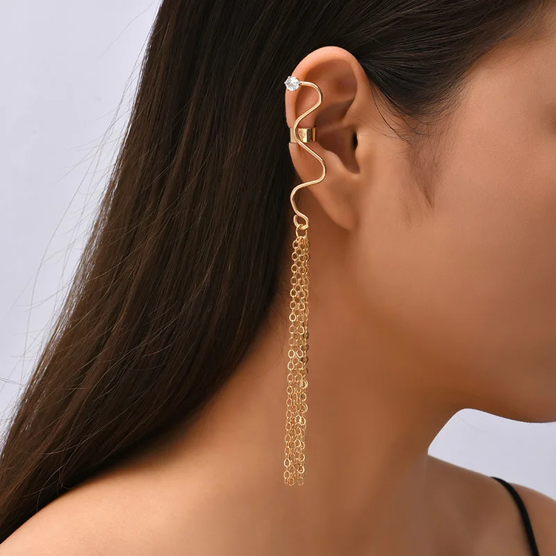 

Fashion Long Metal Tassel Chain Earrings Clip Simple Ear Cuff for Women Glitter Rhinestone Ear Jewelry Accessories Party Gift
