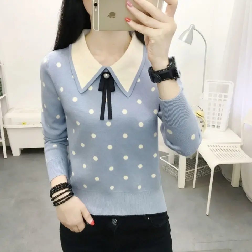 Пуловер женский в горошек теплая верхняя одежда для студенток приталенный